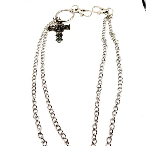 Mens Wallet Or Pants Double Layer Silver Tone Chain + Antique Style Cross -21" - Picture 2 of 8